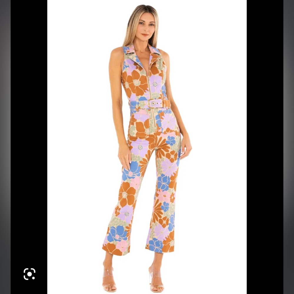 Show Me Your MuMu Floral Collar Belted Jumpsuit in Brown, Blue & Pink